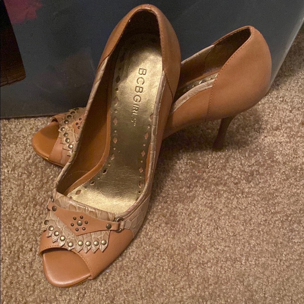BCBGirls Brown Peep Toe Heels with Studded Detail